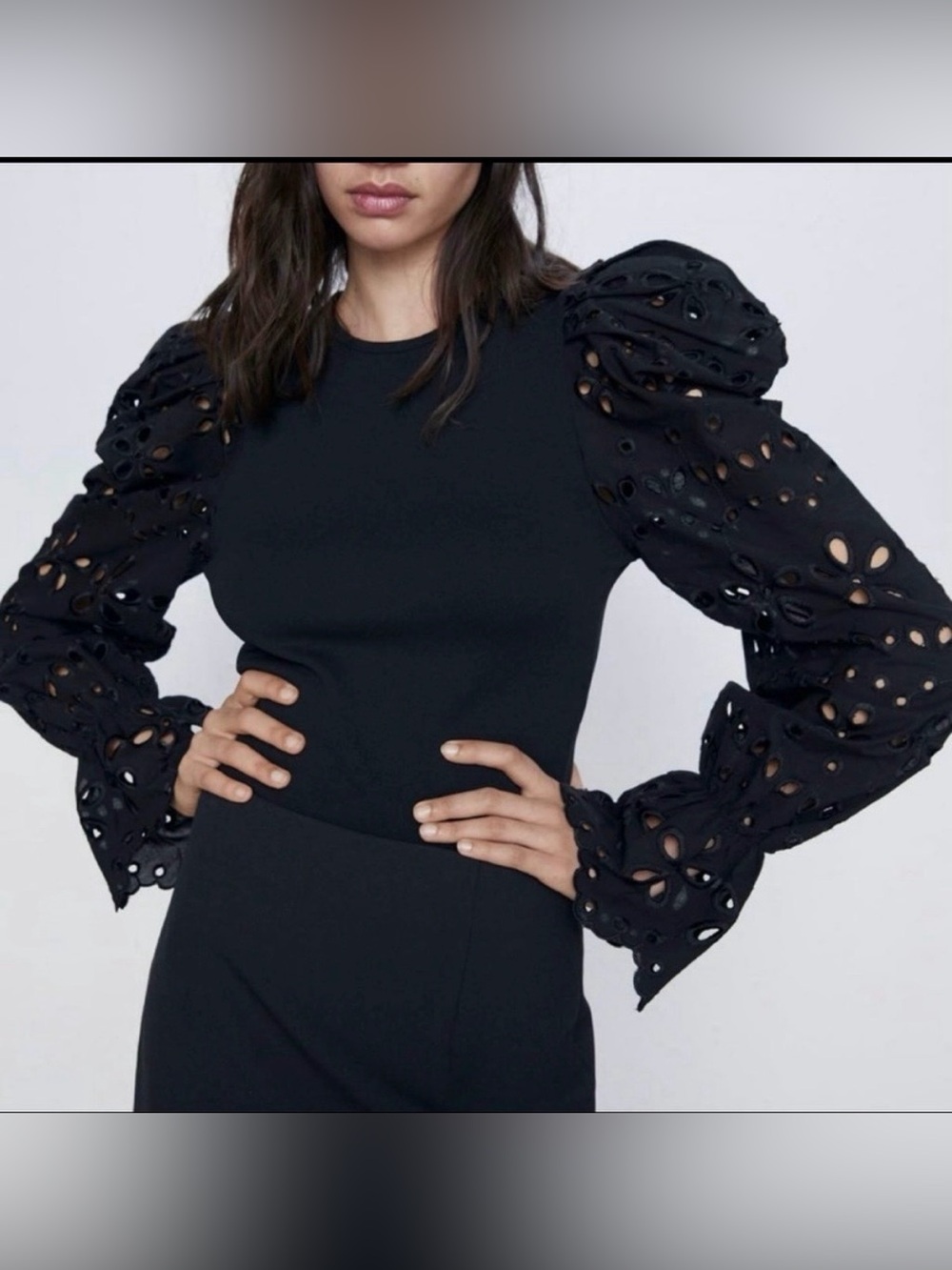Zara Black Eyelet Puff Sleeve Statement Top Small NWOT